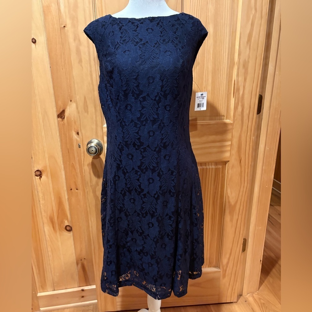 American Living navy blue sleeveless lace fit and flare dress women’s size 10